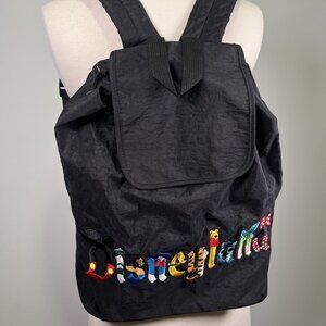 Disneyland Resort Black Nylon Drawstring Backpack Embroidered Character Retro